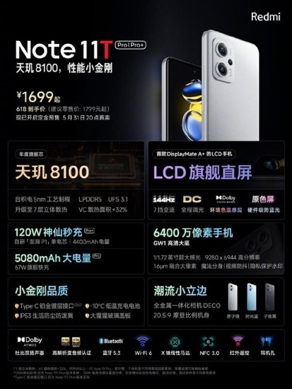 <em>最便宜的</em>天玑8100！Redmi Note 11T Pro<em>价格</em>新低：1322元起