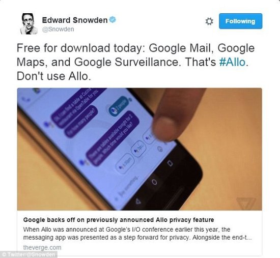 斯诺登：人们应拒绝使用谷歌新聊天<em>软件</em>Allo