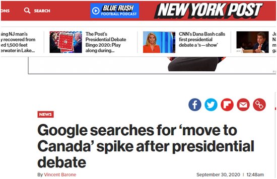<em>特朗普</em>与<em>拜登首场对决</em>结束 “搬去加拿大”等词在谷歌搜索量飙升