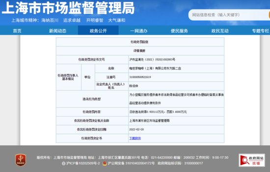 COSTA咖世家<em>上海</em>一门店因无证经营遭罚3.6万元