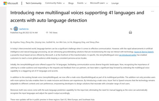 <em>微软宣布</em>将为Azure AI文本转语音功能添加男性声线 以提供给客户...