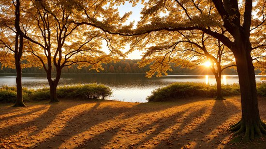 湖边树林铺满了秋天<em>阳光</em>的迷人气息<em>风景图片</em>