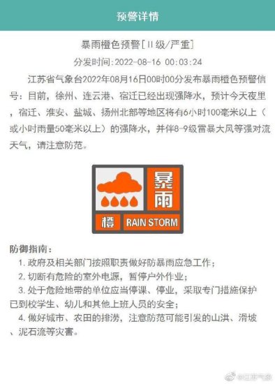 江苏省气象台发布暴雨橙色预警信号