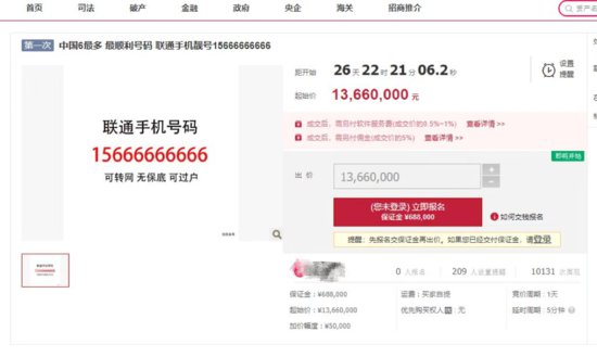 1366万起拍！中国“6”最多手机号开拍，话费余额38万！