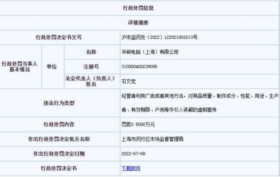 华硕公司上海被罚 对笔记本电脑参数作虚假商业宣传