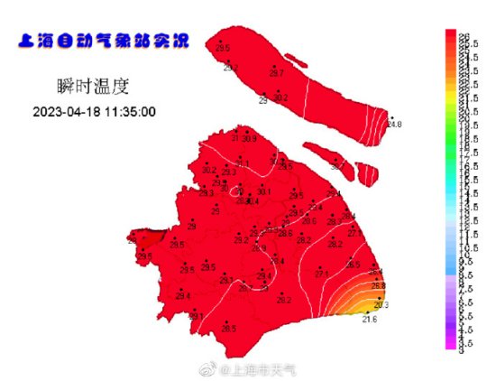 <em>嘉定</em>、宝山<em>今日</em>气温已突破30℃大关，<em>上海</em>个别站点达31℃