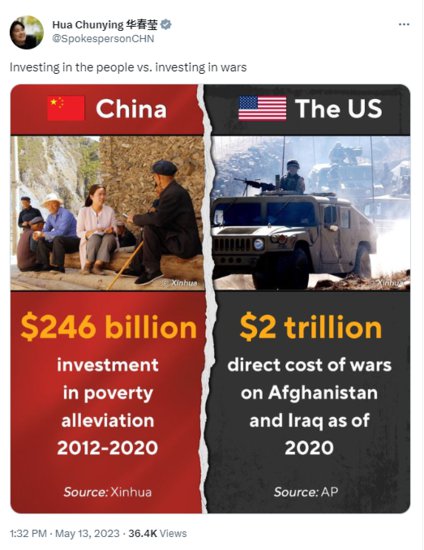 <em>华春莹</em>推特发图做最新对比：中国投资于人民VS美国投资于战争！