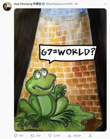 “G7=世界？”华春莹晒“井底之蛙”图，讽刺G7国家抹黑中国...