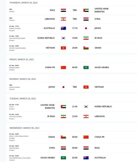 2022年<em>国足</em>12强赛赛程<em>时间表 中国</em>对阵沙特、阿曼<em>比赛</em>时间