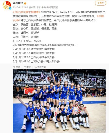 中国女排公布世联赛总决赛14<em>人名单</em>，明晚迎战巴西队