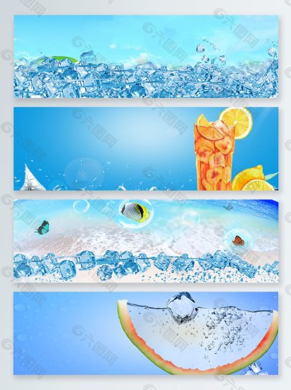 蓝色冰块夏季食品banner背景
