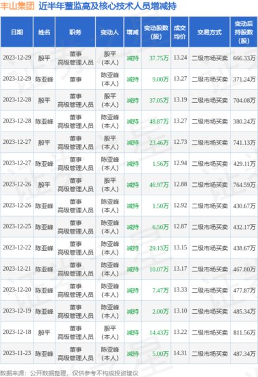 丰山集团：12月29日高管殷平、<em>陈亚峰</em>减持股份合计46.75万股