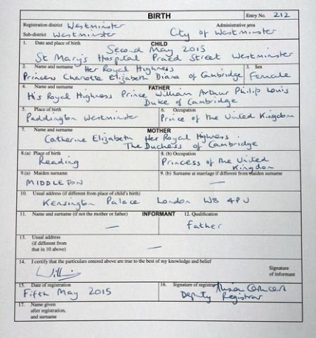 英国小公主正式“落户” 威廉王子填出生证明