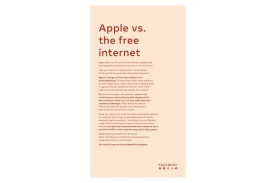 Facebook刊登第二个整版广告批苹果：称后者将使互联网变得更糟
