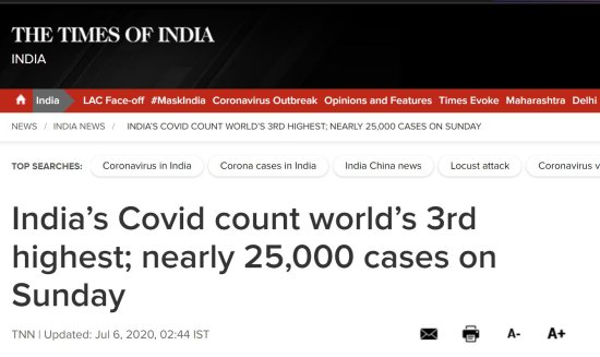 <em>印度</em>昨日新增<em>确诊病例</em>接近2.5万，印媒：已超俄罗斯居世界第三