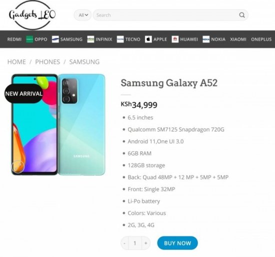 三星Galaxy A52提前现身肯尼亚<em>购物网站</em>，价格同步曝光