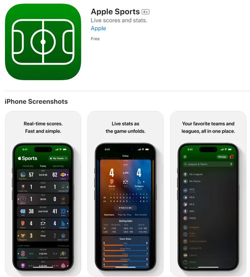 苹果推出免费体育赛事应用“Apple Sports”，美国、英国、...